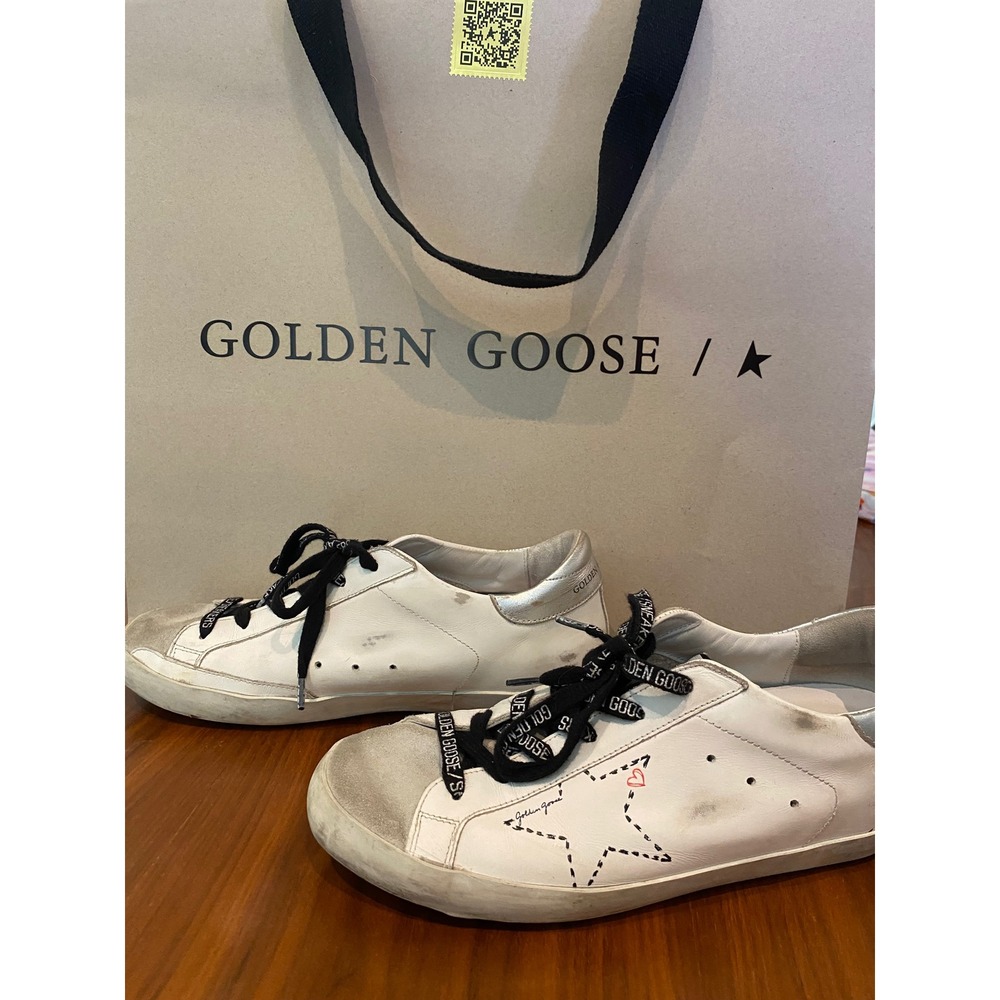 Golden Goose Super-Star White Silver Leather Stitched Star Sneakers -Euro Sz 39